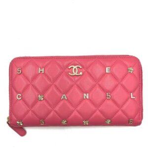 Chanel Pink Lambskin Rhinestone Quilted Long Wallet Lucky Charm Camellia